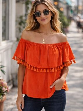 NC International Concepts Off Shoulder Tassel Top Petite Medium NWT Boho Orange